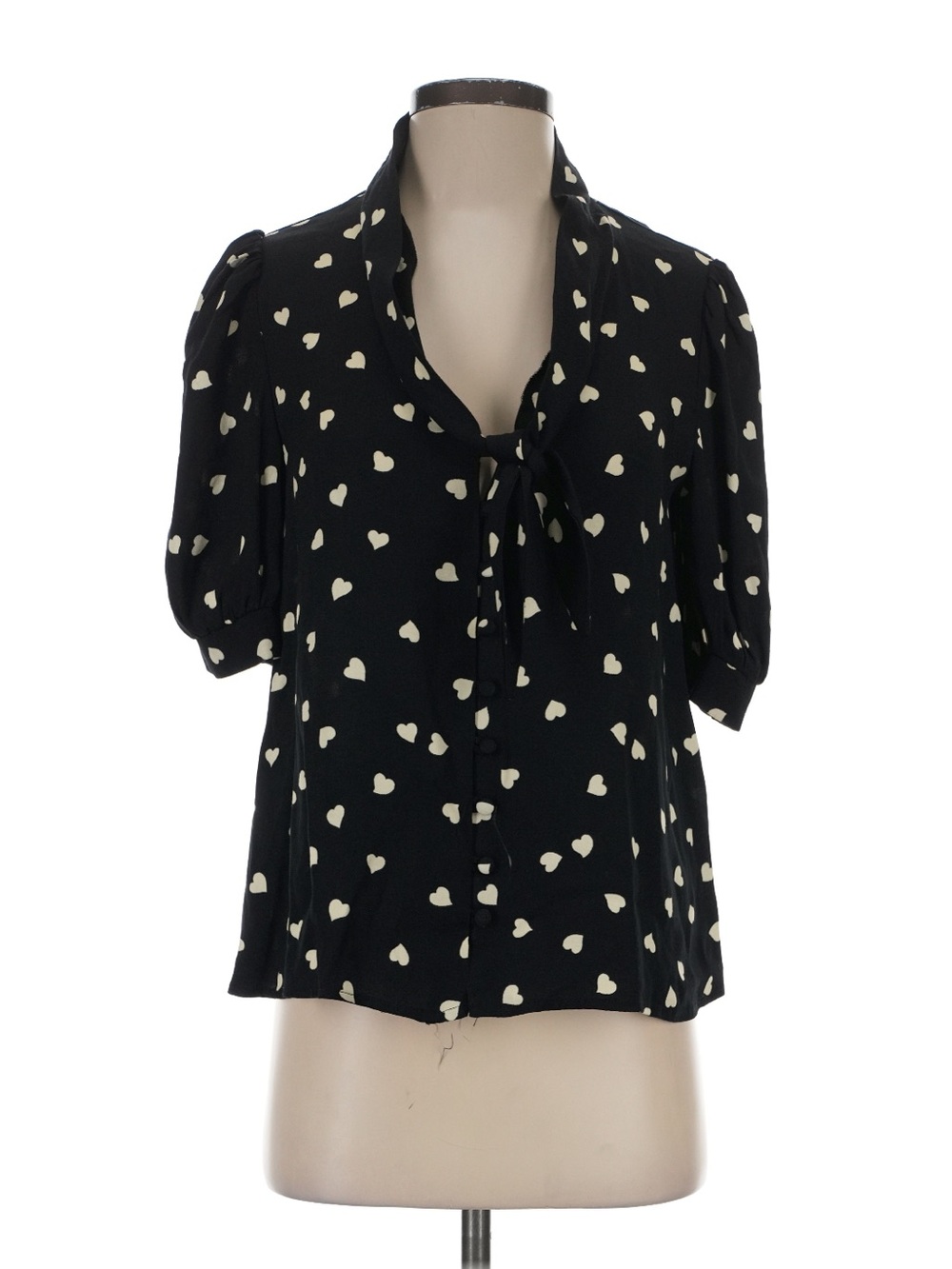 Reformation Black Heart-Print Tie-Neck Blouse